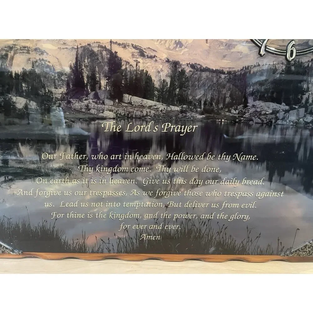 Ornate Mountain Scene Laminate Lords Prayer Clock Mounted On Pine Rustic Vtg 80s